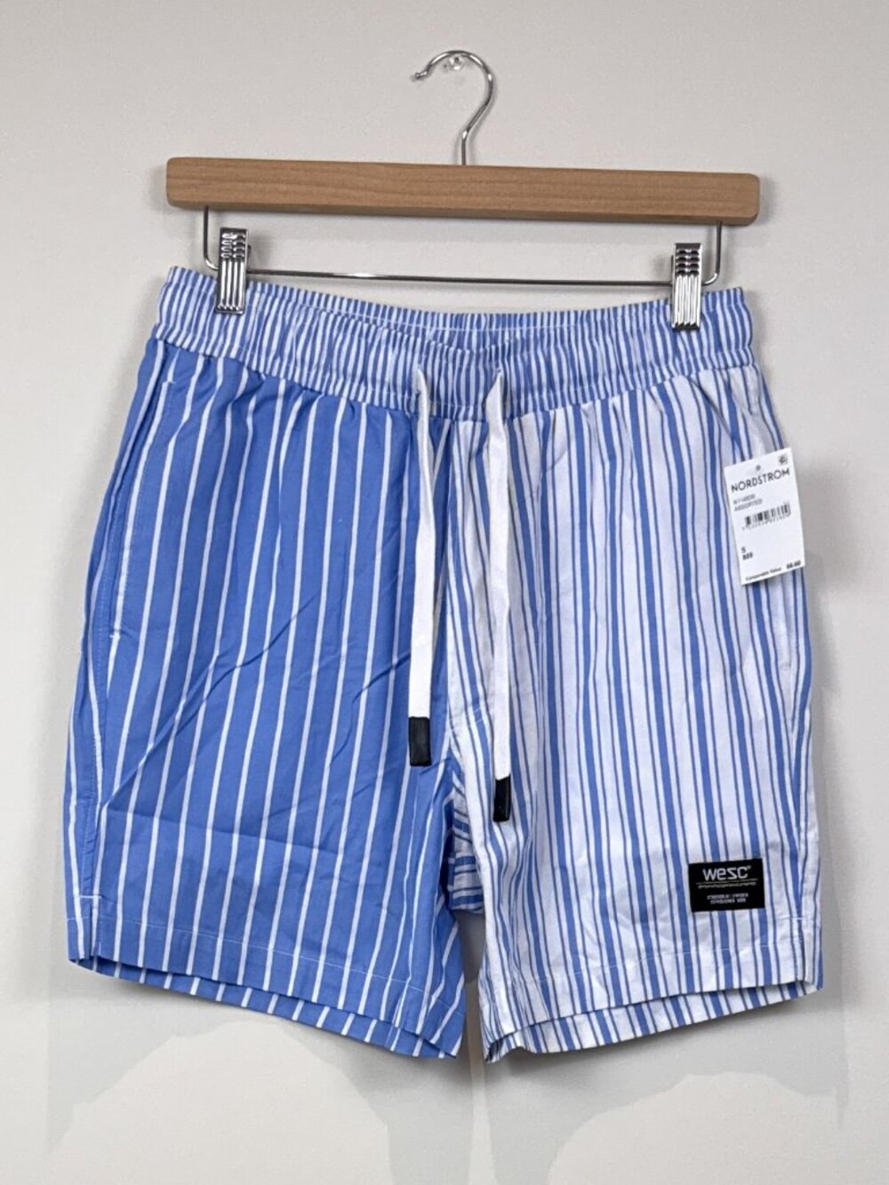 WeSC Shorts Unisex Stripe Patchwork Blue White Cotton Swim Trunk